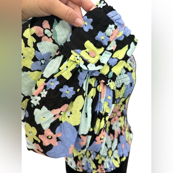 Free People Smocked Floral Puff Sleeve Top XS – Square Neck Black Multicolor - Picture 6 of 13